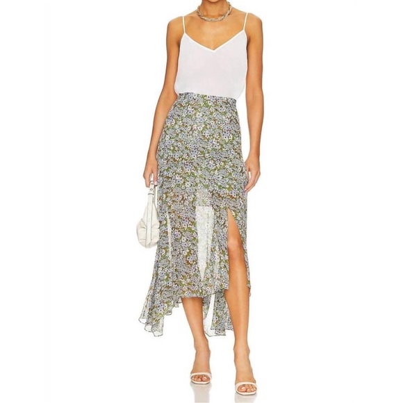 Veronica Beard Shilpa Floral Asymmetric Silk Skirt in Forest Army Multi - Picture 1 of 10